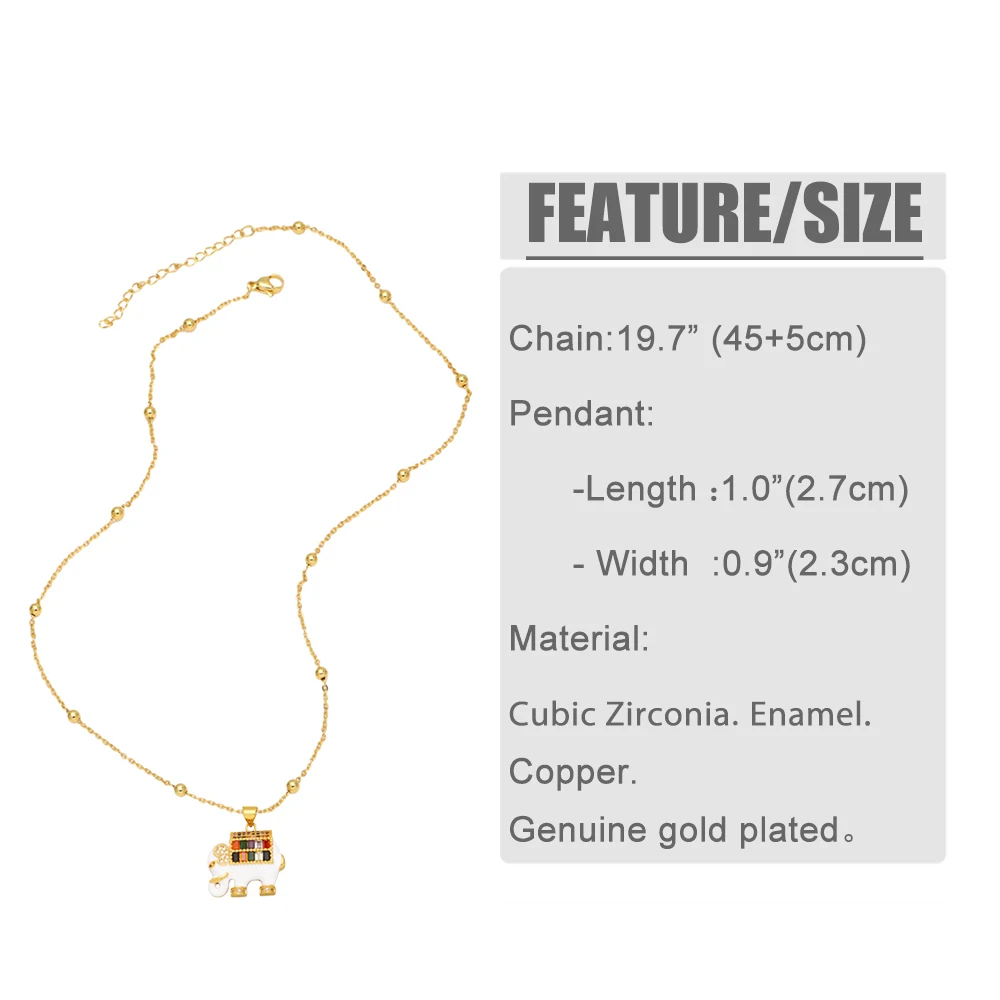 Fashion Black White Enamel Elephant Pendant Necklace Gold Plated Micro Pave Rainbow Zircon Animal Amulet Necklace Women Jewelry
