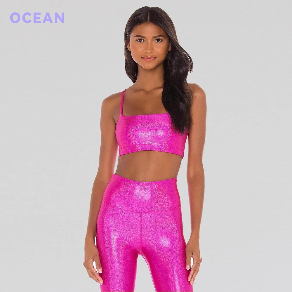 2021 new rose red glittering shiny crop tops and tight leggings yoga clothes yoga sets woman