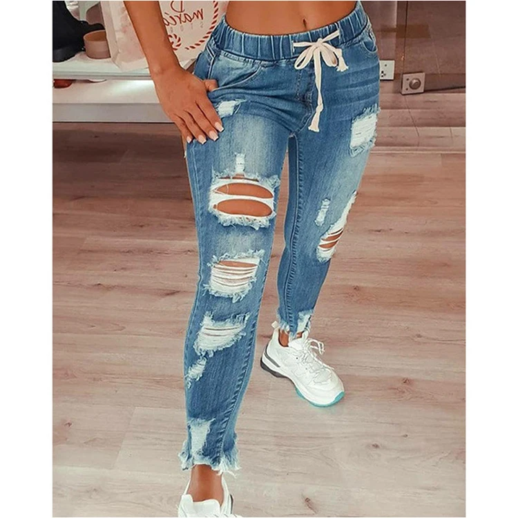 Fashion Women High Waist Jeans Black Female Ripped Holes Knee Stretchy Skinny Denim Jeans