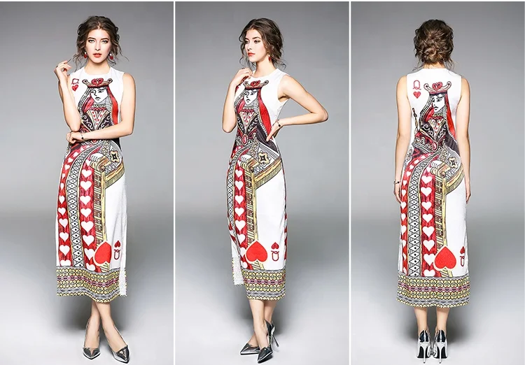 
Poker Flowers Print Sleeveless Runway Dress 