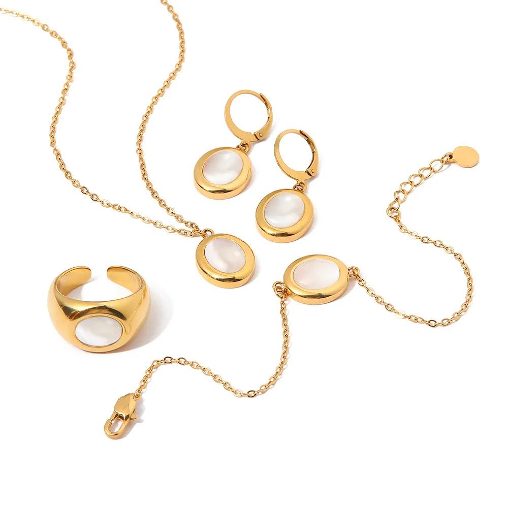 New design  18K Gold Plated Stainless Steel Jewelry Set Shape White Cat Eye Opal Stone Pendant Necklace