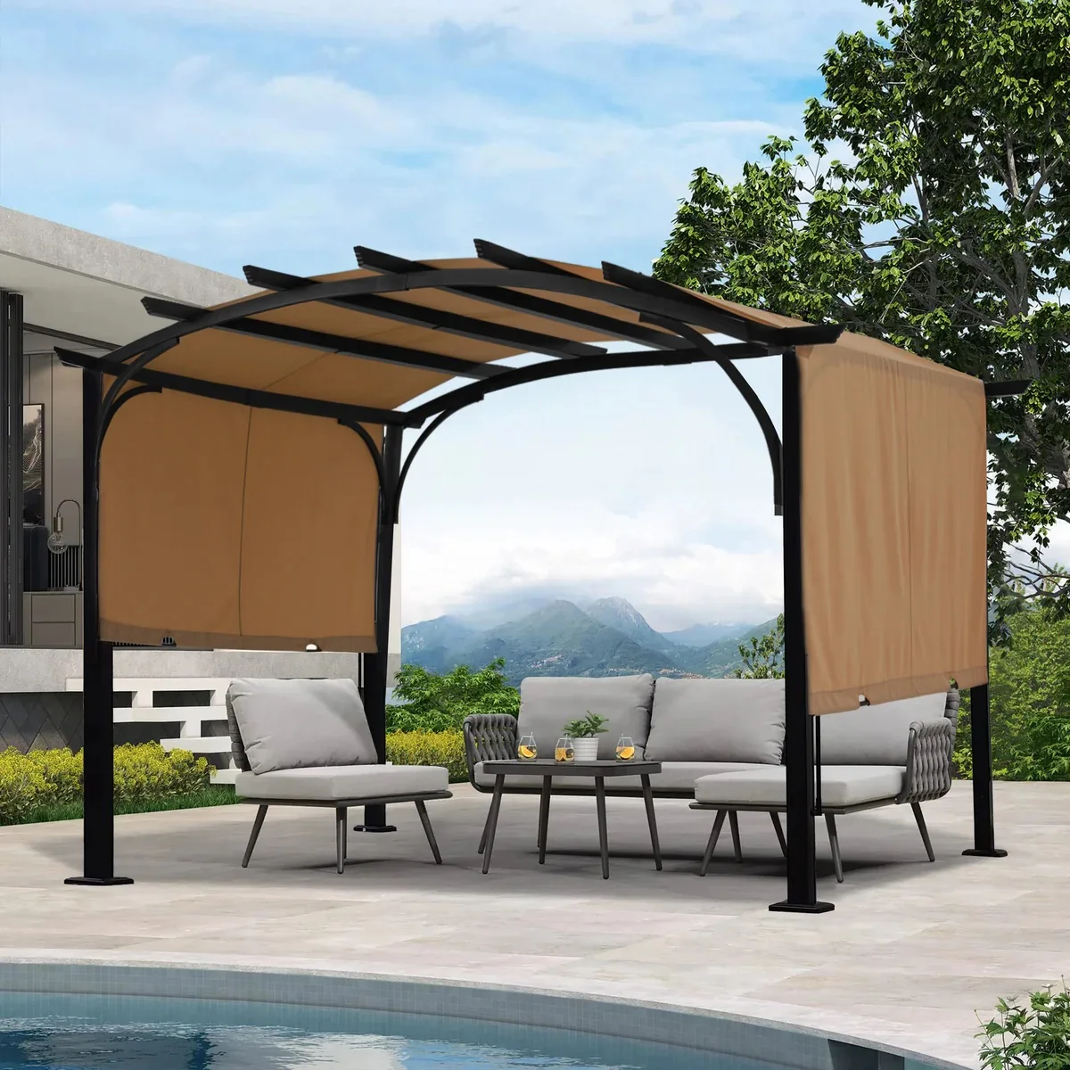 Outdoor Metal Pergola Curved Garden Gazebo with Retractable Sun Protection Canopy