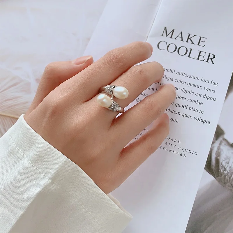 Exquisite Pearl Jewellery Women 925 Sterling Silver Double Shell Natural Freshwater Pearl Stone Adjustable Open Rings