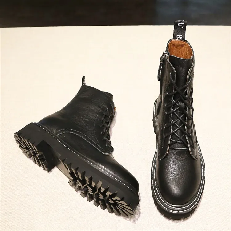 Индивидуальные высококачественные женские ботинки, модные черные кожаные ботинки на ремешках, повседневная женская зимняя обувь