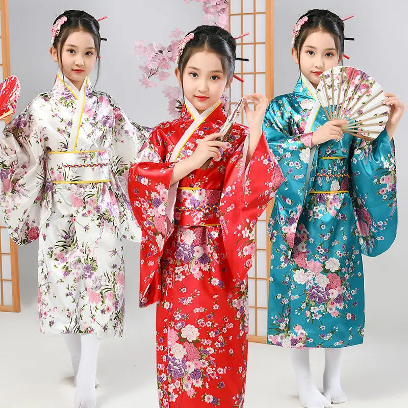 Traditional Yukata Floral Printed Children Stage Performance Costume Japanese Girl Kimono Dresses