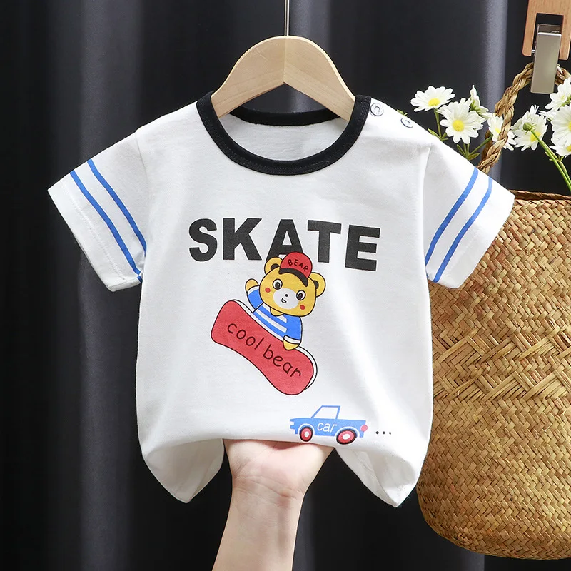 China Factory Wholesale T-shirts Summer Boy Cotton Cartoon T Shirts Girl Kids Striped Style