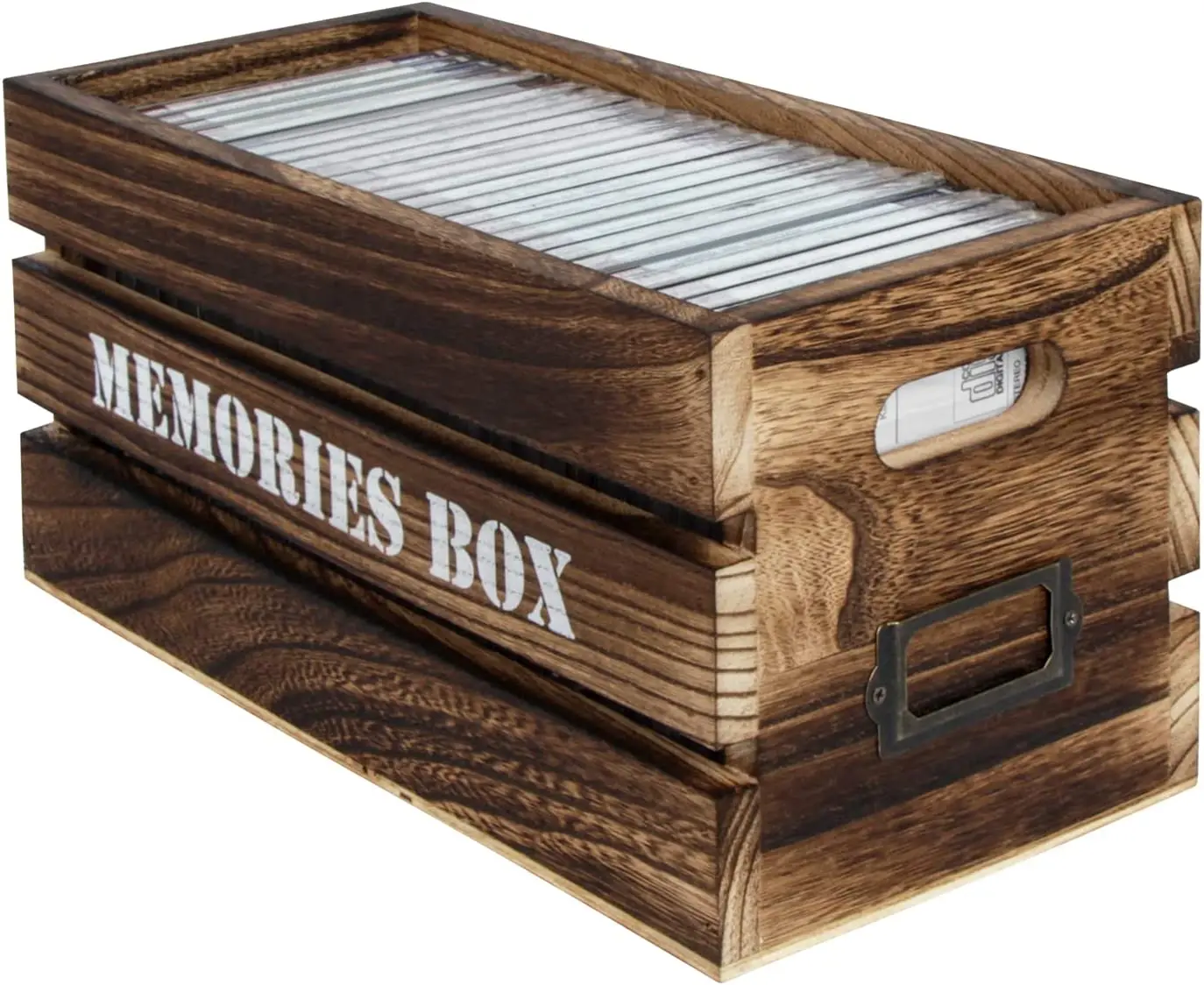 CD Storage Box Holder Case Tray with Handles, Rustic Wood Media Tray Box Holds 30 CD Cases for Home Storage and Organization