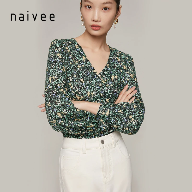 
naivee spring series quality floral printing V-neck women blouse ladies top office lady 