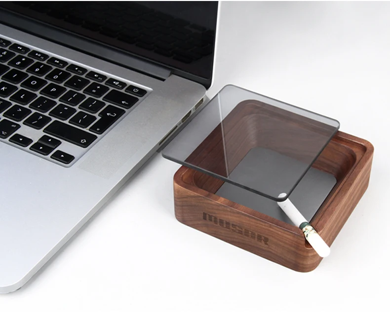 
Hot selling Wooden Ash tray Cendrier with Glass Cover Walnut Color Bamboo Ashtray 
