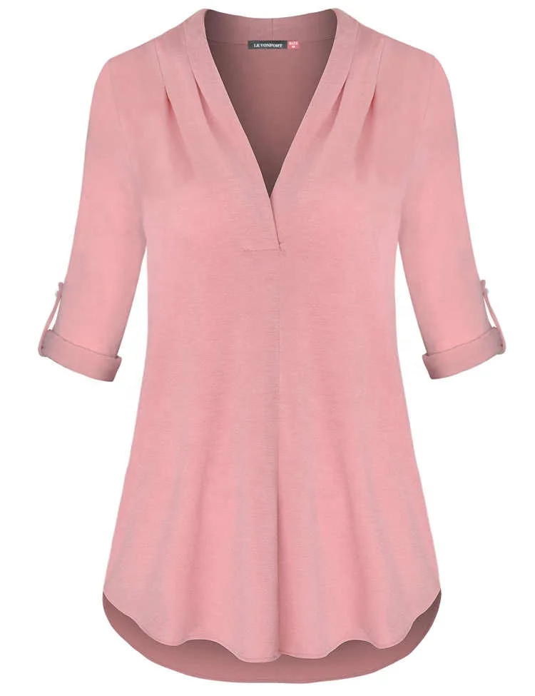 Latest Design Women Casual Wear Long Sleeve Split V Neck Tunic Tops