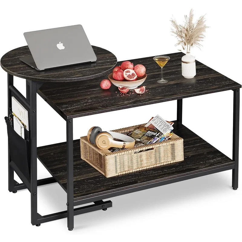 MODERN 2 IN 1 COFFEE TABLE SET RECTANGLE CENTER TABLE AND C SHAPED ROUND END TABLE FOR LIVING ROOM