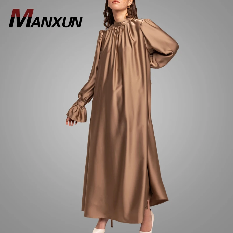 OEM New Fashion Satin Abaya Elegant Shinny Long Sleeve Islamic Clothing Modest Hotsale Turkish Kaftan Dress Online
