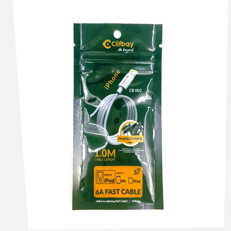 Custom 3 Side Seal Mylar Bag With Zipper Cell Phone Usb Data Cable Packaging Plastic Zip Lock Bag With Hang Hole