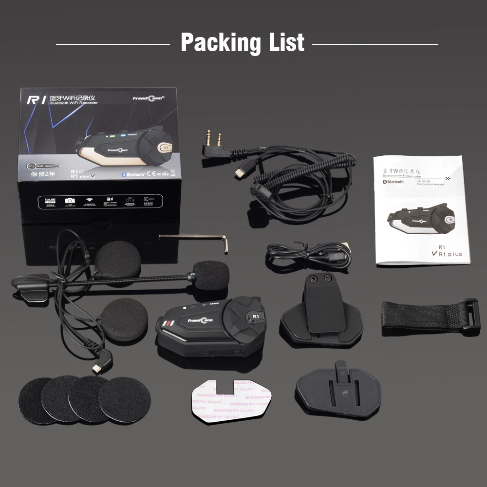 Bluetooth WiFi Recorder 1000M Intercom Helmet Headset Headphone Video Recorder Interphone FreedConn R1 Plus Motorcycle Intercom