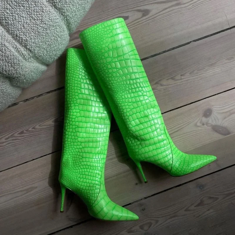 Pointy Toe Great Quality Leather Boots Fresh Green Slip-on Crocodile Print Knee High Boots for Women High Heel Size 43