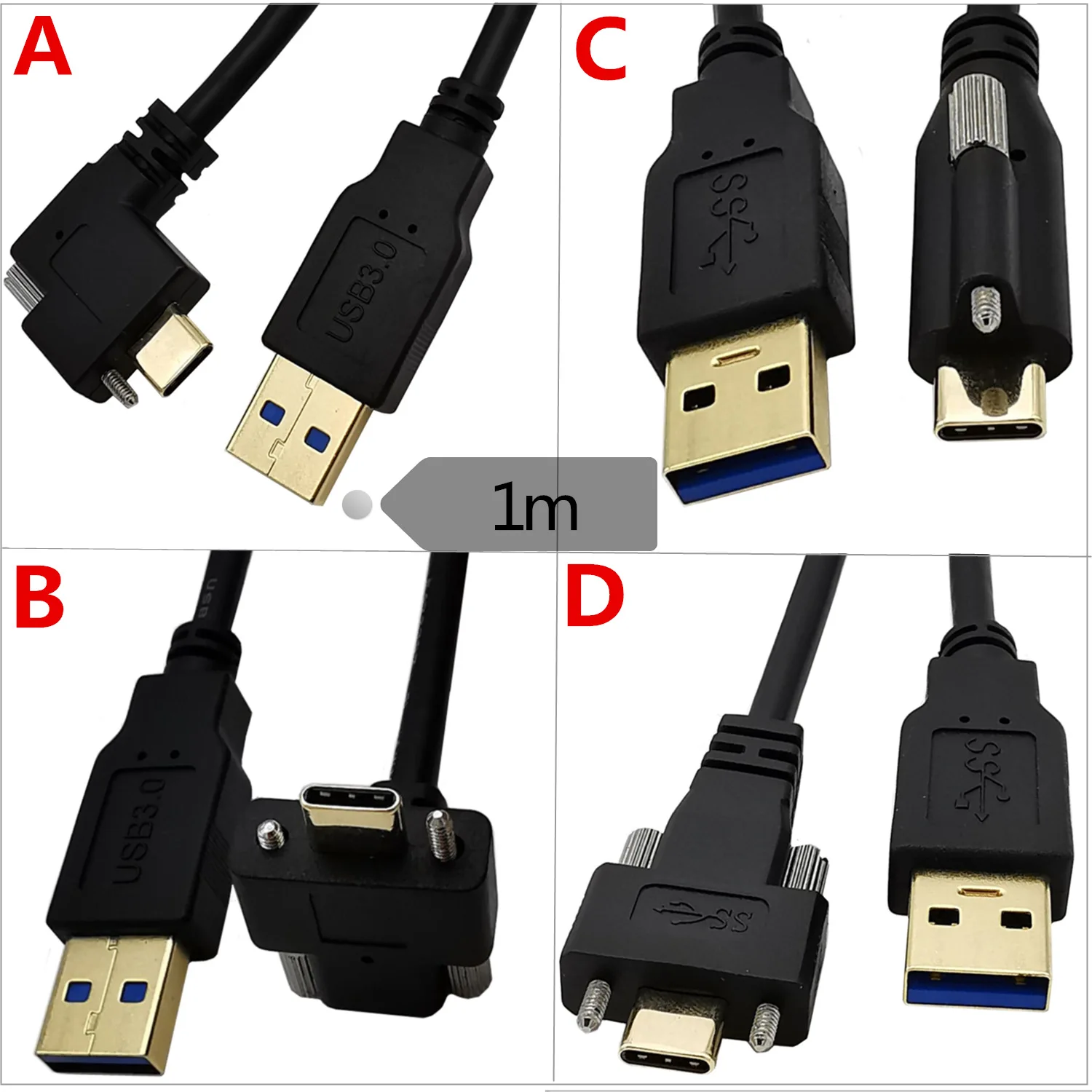 Gold plated Angled USB 3.1 Type-C to USB 3.0 A Data Cable 90 Degree AM to CM with Dual Screw Locking for Camera 1m