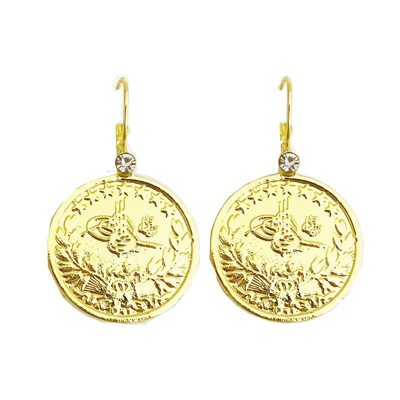 Arab Women Coin Gold Earrings 24k Alloy Round Carved Ear Clip Badge Earrings Jewelry