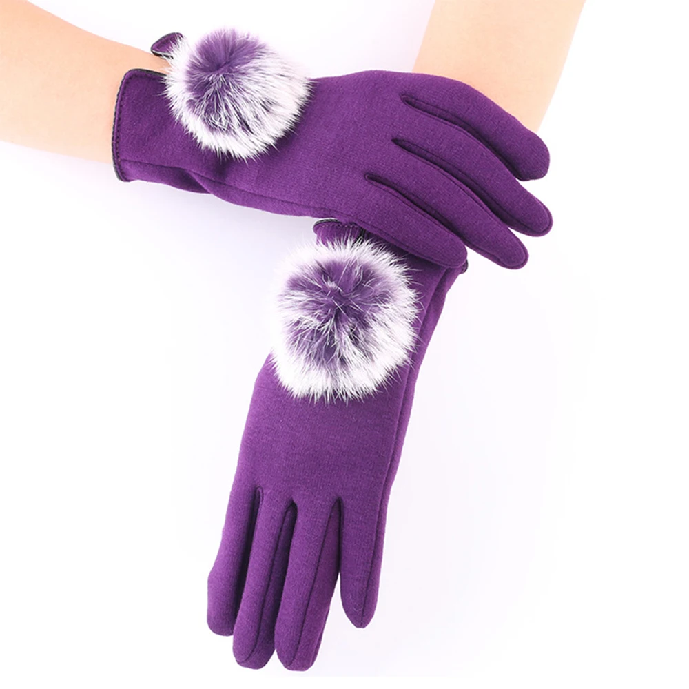 Осенне-зимние женские уличные велосипедные теплые перчатки для вождения для сенсорного экрана модные плюшевые перчатки с помпоном из кроличьего меха