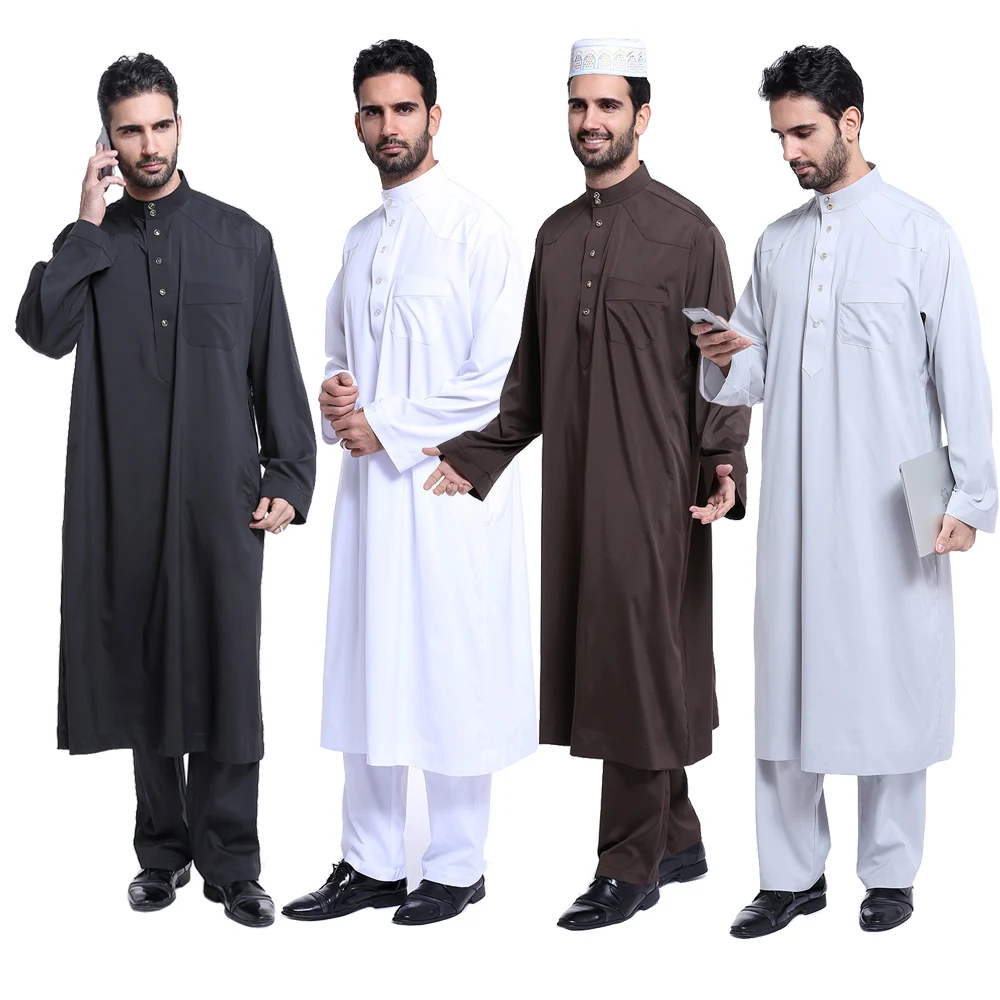Popular solid color stand collar Muslim robe suit custom men clothes 2021