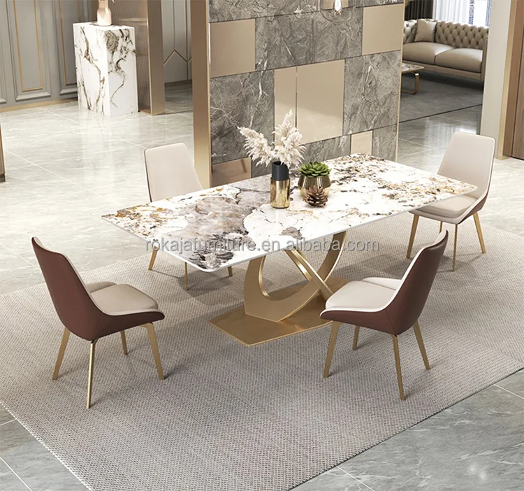 Luxury Dining Table Set With Gold Leg Modern Home Slate Marble Dining Room Furniture Rectanqular Dinner Table With 6 8 Seater