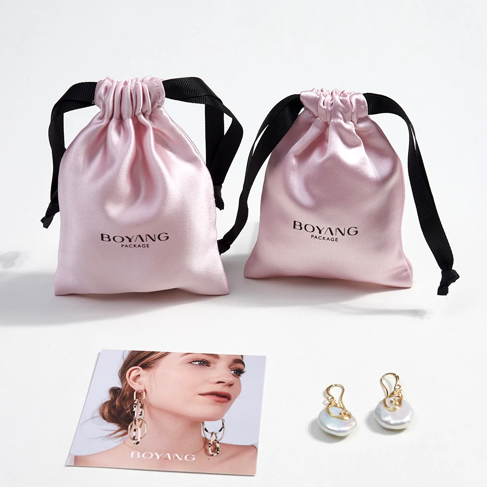 Boyang Wholesale Small Drawstring Pink Silk Satin Jewelry Pouch Bag Custom Logo