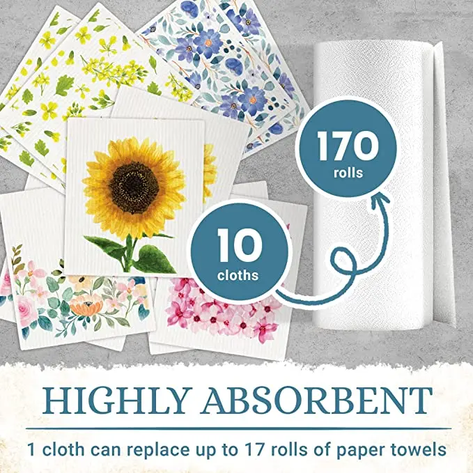 Wholesale Customized Printing Kitchen Towel Swedish Cellulose Wood Pulp Sponge Dishcloth Dish Towel Paper Wipes