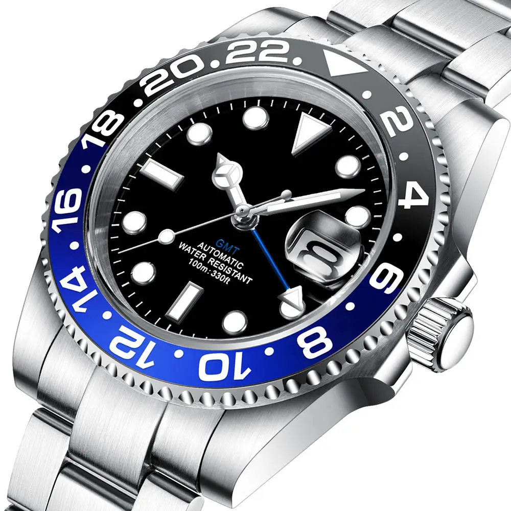 Luxury Men Mechanical Watch Genuine Sapphire Steel Strap NH34 Waterproof 10ATM GMT Automatic Business Watch Montre Homme