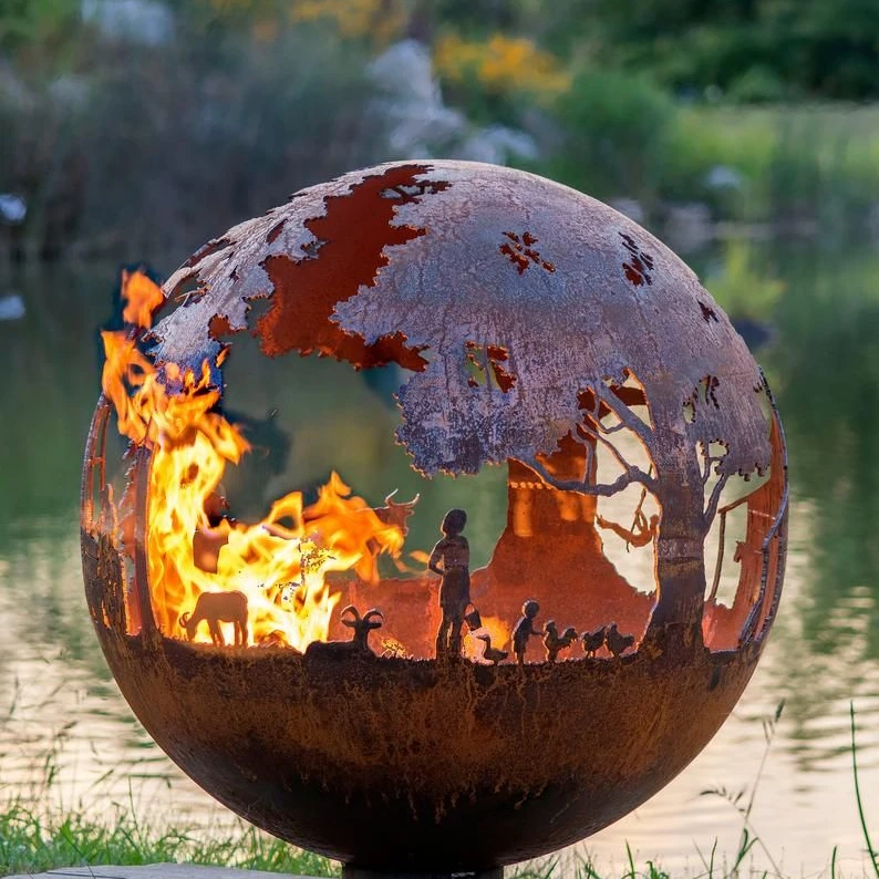 Outdoor Weathering Steel Fire Pit Garden Spherical Metal Fire Pit Garden Products