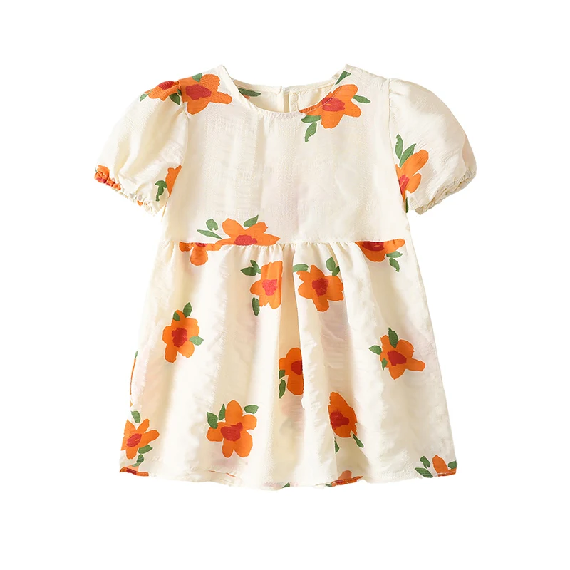 Xifei Summer New Casual Fashion Crew-Neck Print Dress Princess Dress For Kids 3-8 Years Old
