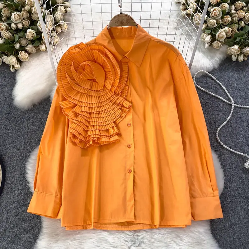 Custom Autumn Fashionable Long Sleeve Sweet Blouse Flower Decoration Loose Shirt For Women Casual Korean Style Top Outwear