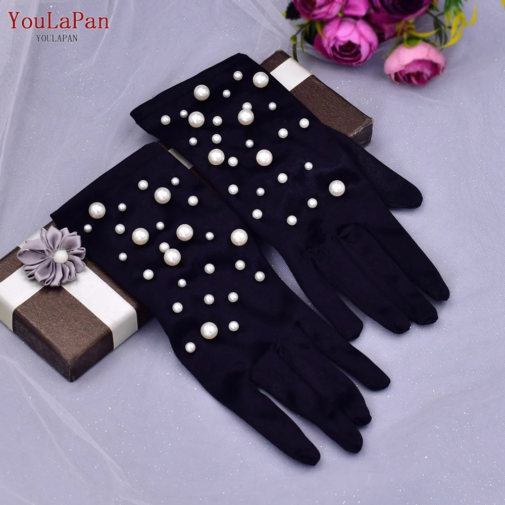 YouLaPan VM12 Black Party Pearl Gloves Evening Sexy Ladies Gloves Long Short with Fingers Bridal Gloves