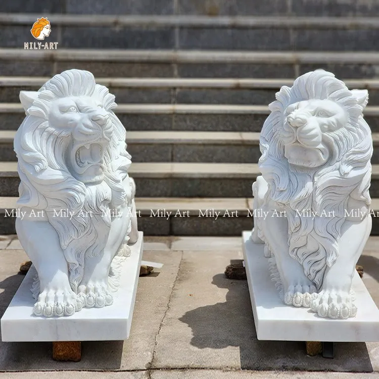 Hand Carved Outdoor Life Size Marble Stone Roaring Lion Statue Sculpture for Sale