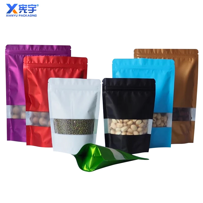 250g Reusable Sealed Colored Aluminum Foil Zipper Bag With Window Frosted Black Stand up Smell Proof Food Zipper Mylar Pouch