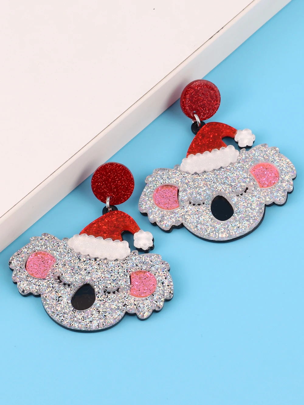 Wholesale Best selling creative animal glitter Cute Koala Santa hats Laser Cutout acrylic earrings for women