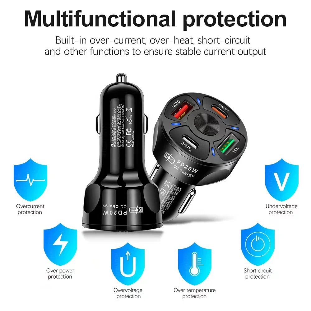 4 Ports 20W USB-C PD+QC 3.0 3.1A 2 USB+Type-c Fast Car Charger for iPhone/Samsung