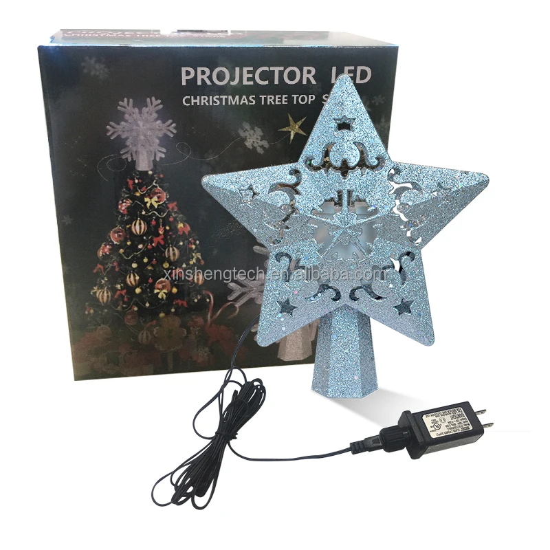 Factory Wholesale Directly 3D Glittered Gold Silver Christmas Star Tree Topper LED Lighting with Rotating Snowflake Projector