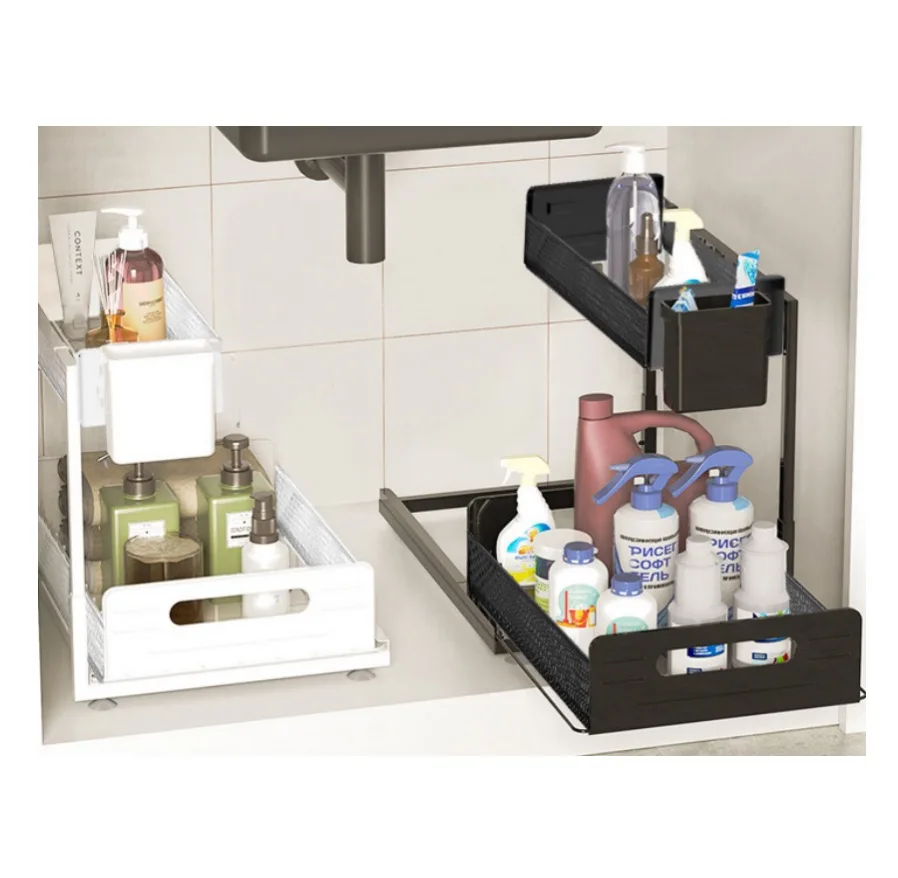 BOCHENG  2-Tier Under Bathroom Sink Organizers Bathroom Cabinet Pull Out Drawers for Kitchen Cabinets with Hooks