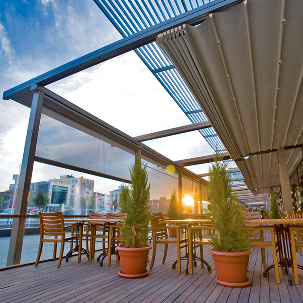 Customized  Pvc Waterproof Pergola  Aluminium Bioclimatic  Outdoor cafe Rolling Roof