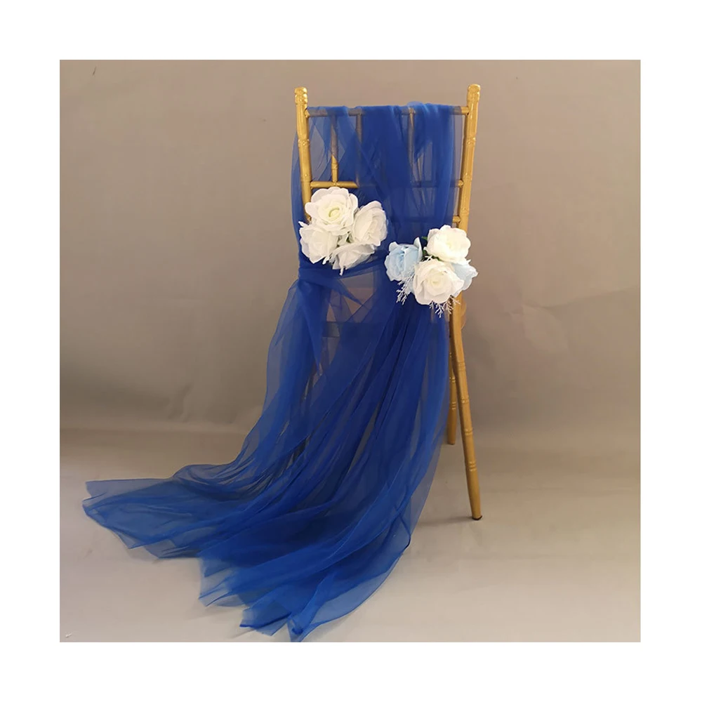 Cheap tutu chair back cover curtain flower decoration navy blue tulle wedding chair sash