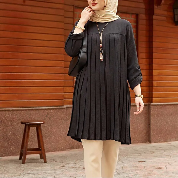 New Summer Muslim Multicolor Pleated Loose Islamic Clothing Women Modest Blouses Chiffon Long Shirts For Women Muslim