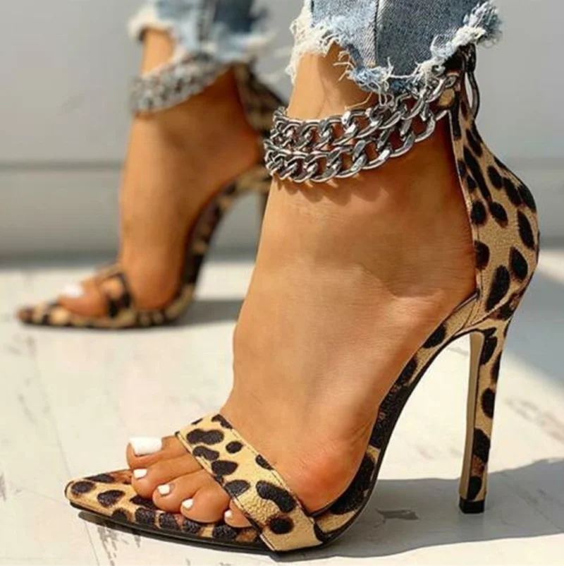 
New Designed Leopard Zebra Print Ankle Chain Strap Summer High Heeled Sandals Shoes for Ladies Big Size 43 Women Stilettos 