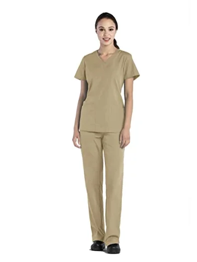 Green Women Scrub Uniforms Set V-Neck Shirt And Full Elastic Multi Pocket Cargo Pants