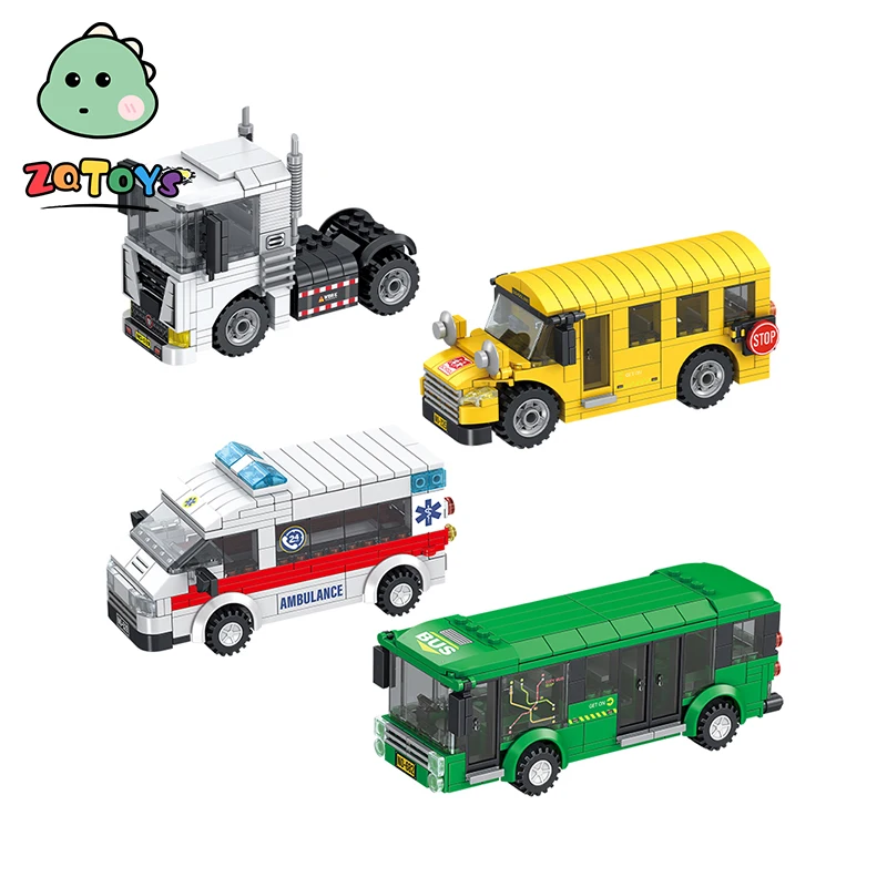 Zhiqu Building Block Cars Model Set Pull Back Kids Toys Simulated Military Fire Truck Engineering Excavator Toy Box Plastic 40