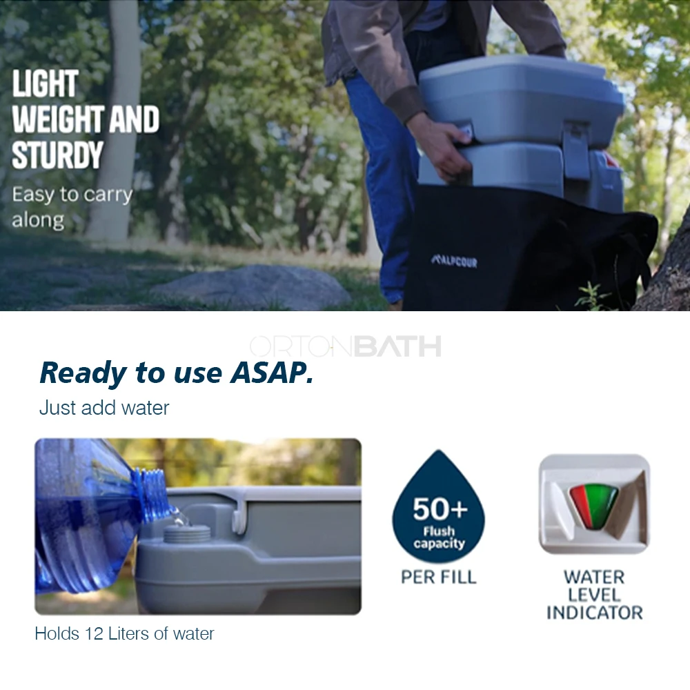 ORTONBATH Portable Toilet Indoor Outdoor Commode mobile toilet, Lightweight & Compact for Camping, Boat, Van, Emergency Use