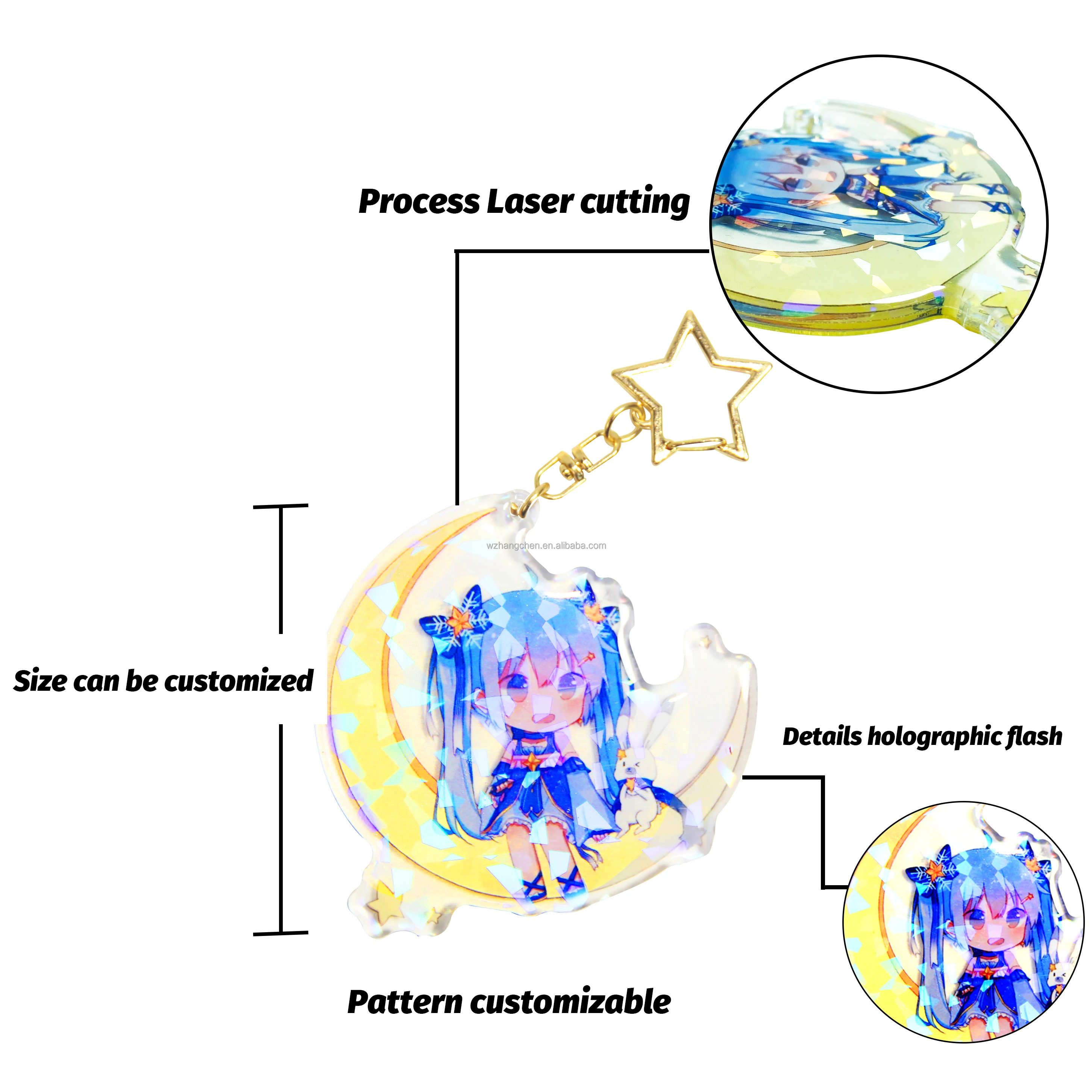 Unisex Two Sided Printed Personalized Flash Glitter Hologram Custom Acrylic Material Anime Keyrings