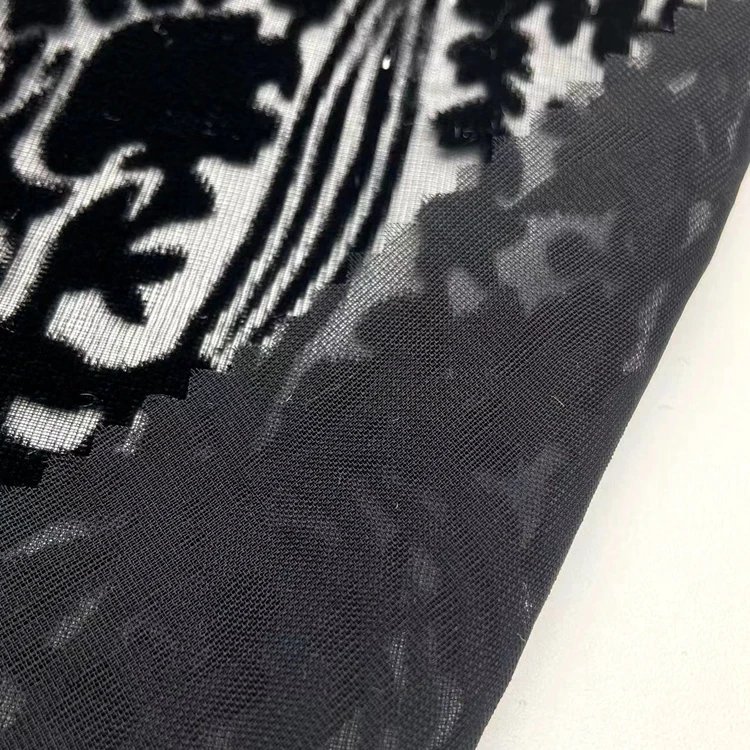 Classic burnout 80% rayon 20% nylon knitted black flower velvet burn out mesh fabric for lady dress