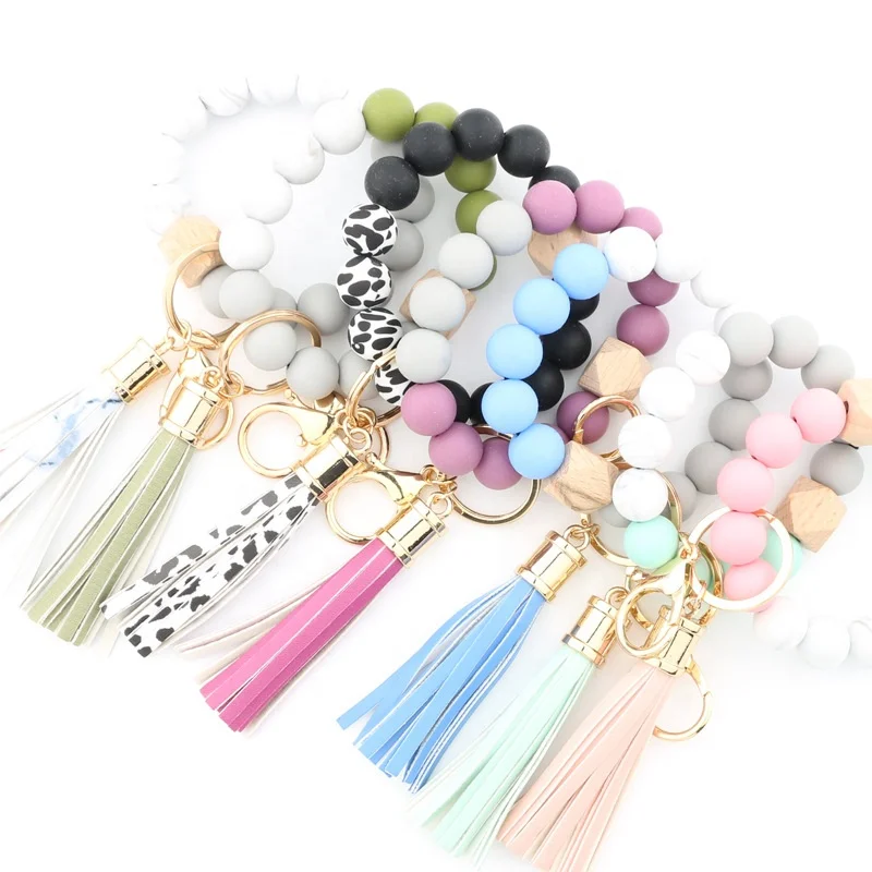 High Quality 2023 Hot Sale Mixed Colorful Food Grade Silicone Bead Bracelet Tassel Keychain with disc