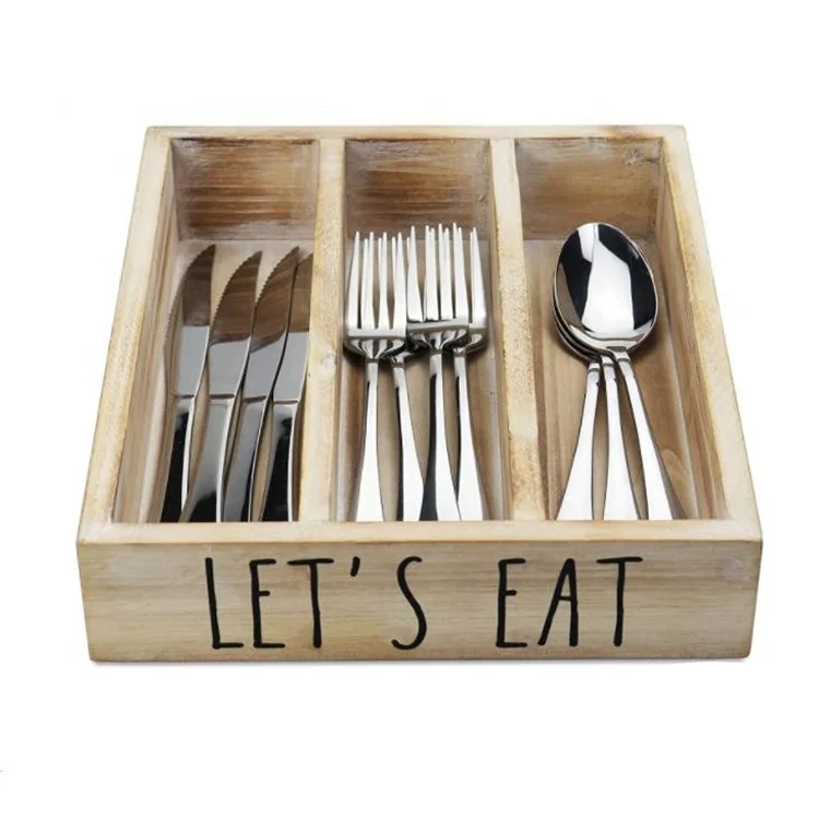 Custom Three Lattice Wooden Bar Caddy For Spoon Fork Knife Straw Kitchen Tableware Storage