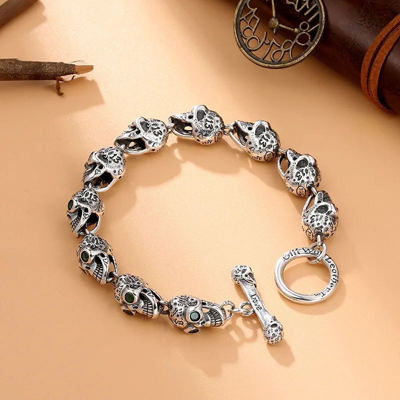 Hiphop / Rock  925 Sterling Silver Jewelry Handmade Mens Bracelet Six Words Om Mani Padme Hum Carving Buddha Jewelry
