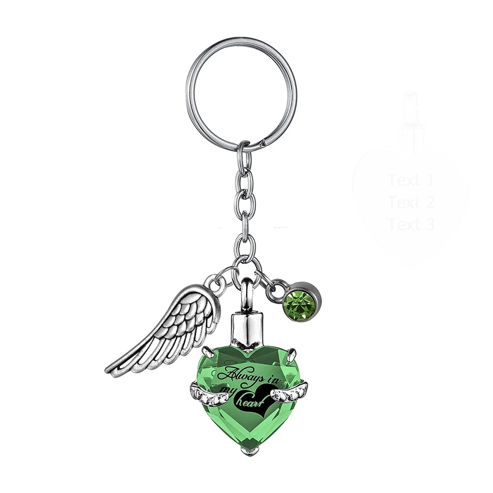 Heart with Birthstone and Angel Wing Pendant KeyChain Cremation Urn for Ashes KeyRing Jewelry to Men Women - Always in my heart